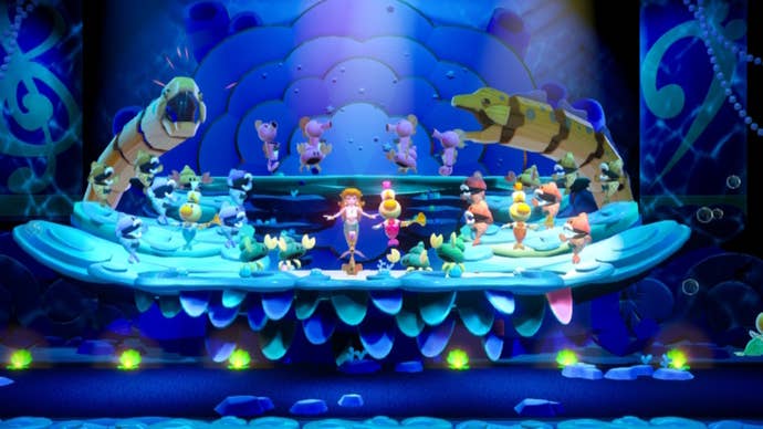 Mermaid Peach performs a concert alongside other sea creatures and Mermaid Theets in Princess Peach: Showtime