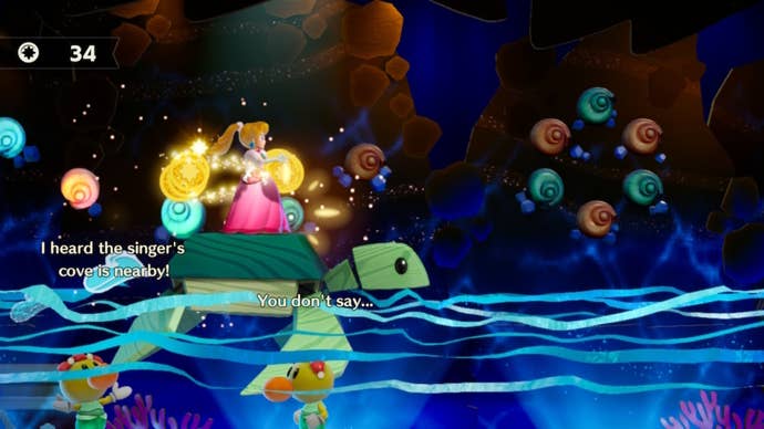 Princess Peach can be seen riding atop a small turtle, using Sparkle on the shells she passes in Princess Peach: Showtime