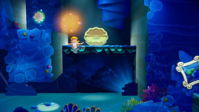 Mermaid Peach can be seen singing to some fish, encouraging them to collect a nearby Sparkle Gem for her in Princess Peach: Showtime