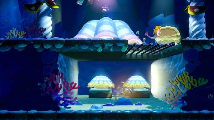 Mermaid Peach sings to some fish to have them open multiple clam shells in Princess Peach: Showtime