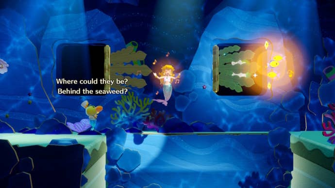 Mermaid Peach sings, encouraging some fish to move a seaweed grate and reveal a Sparkle Gem in Princess Peach: Showtime