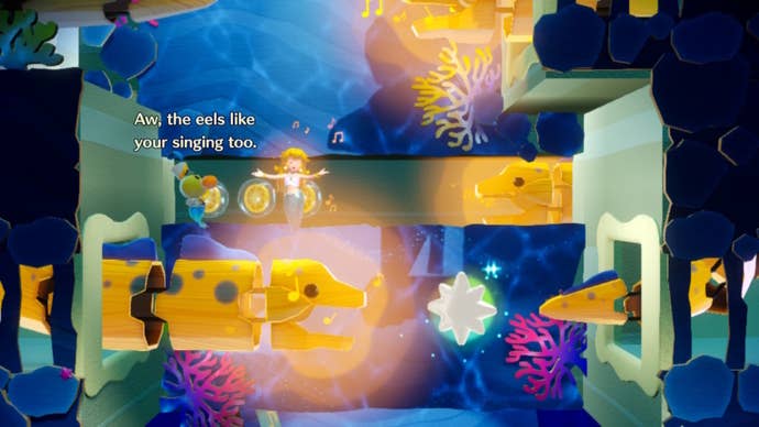 Mermaid Peach sings to control some eels hiding a Sparkle Gem in Princess Peach: Showtime