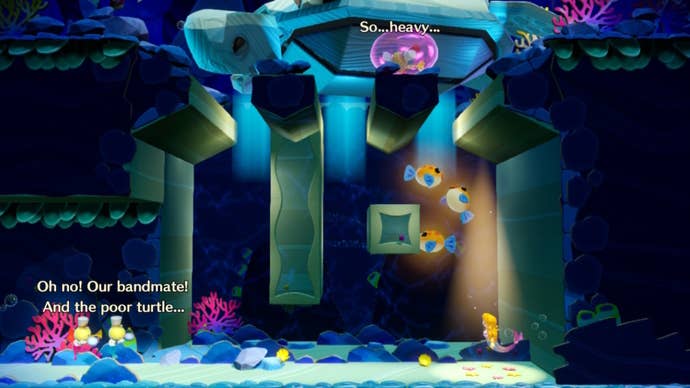 Mermaid Peach floats atop a spotlight near some puffer fish in Princess Peach: Showtime