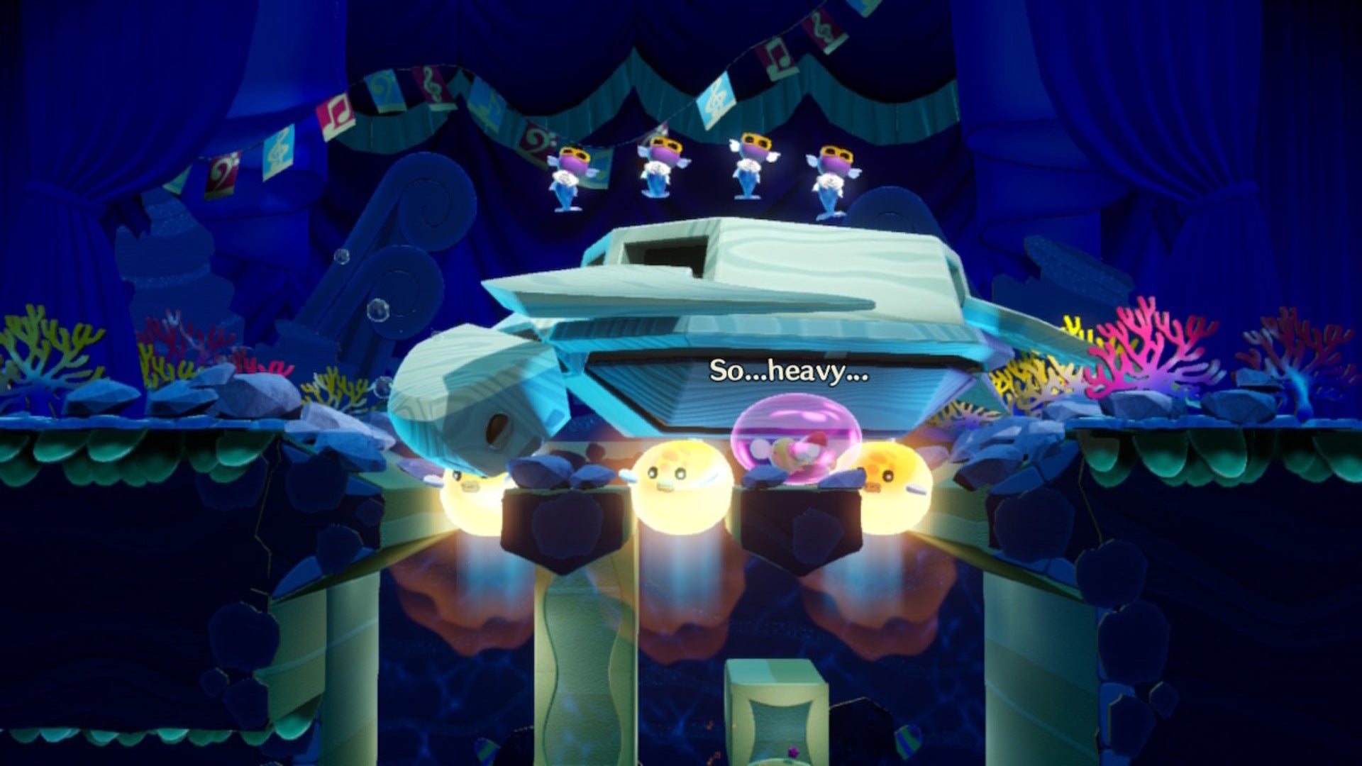 Mermaid Peach controls three puffer fish to try and lift a large sea turtle in Princess Peach: Showtime