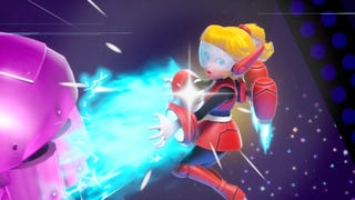 Mighty Peach is shown beating up an alien in Princess Peach: Showtime