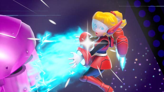 Mighty Peach is shown beating up an alien in Princess Peach: Showtime