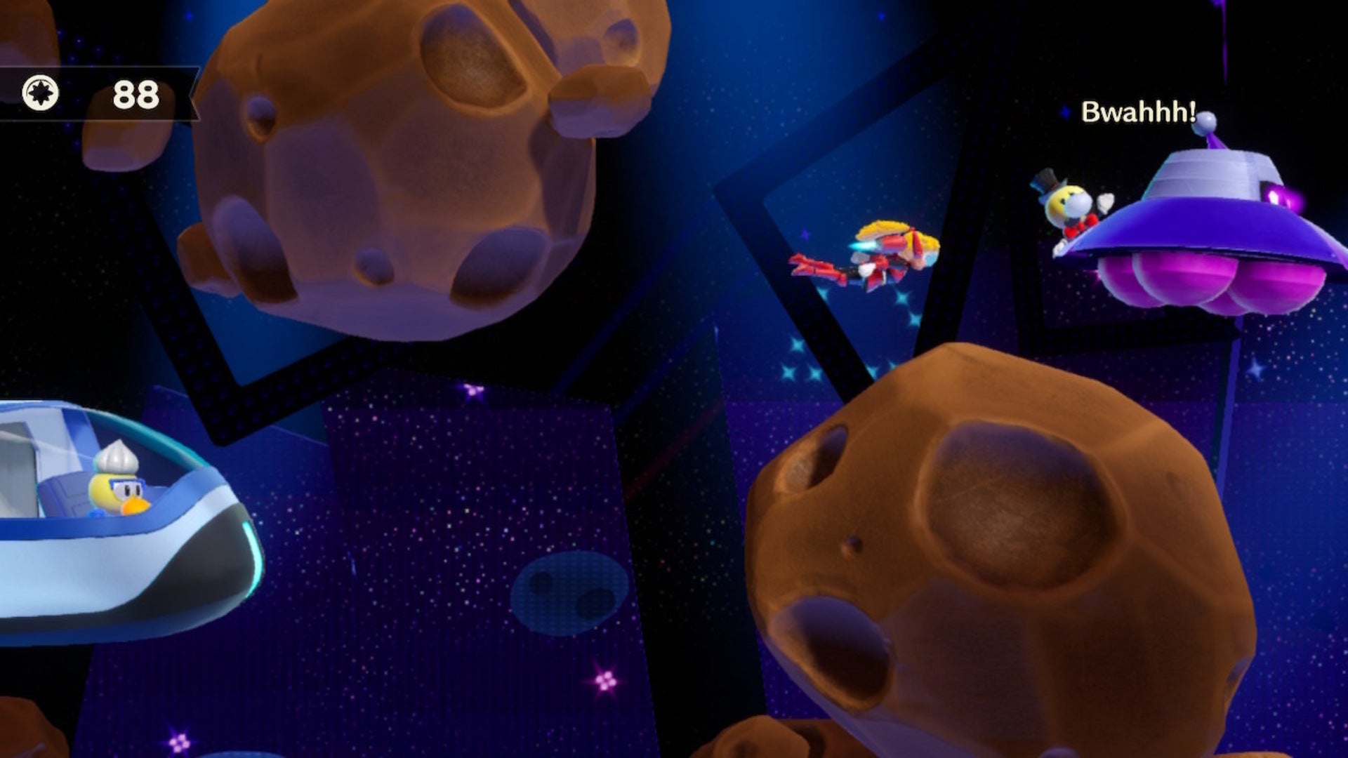 Mighty Peach is seen soaring through space near a Ribboneer Theet that is being abducted by a UFO in Princess Peach: Showtime