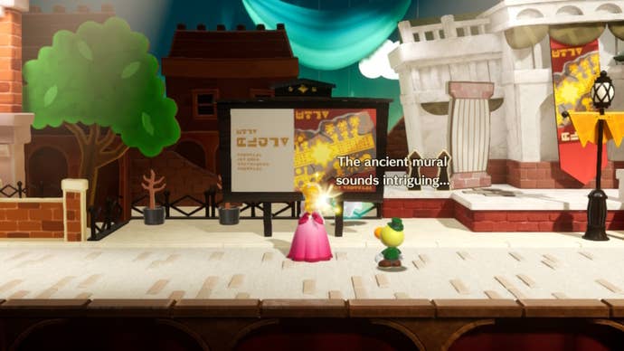 Peach looks at an advertisement for an exhibit with a Sparkle Gem behind it in Princess Peach: Showtime