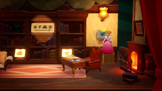 Peach uses her Sparkle ability to activate a rotating bookshelf in Princess Peach: Showtime