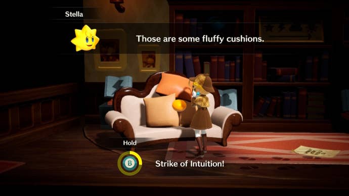Peach uses her strike of intuition on a sofa with a Theet hiding between the pillows in Princess Peach: Showtime