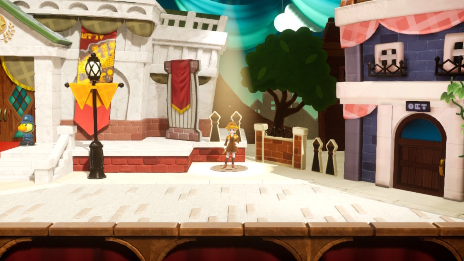 Detective Peach stands atop a spotlight in Princess Peach: Showtime - 7