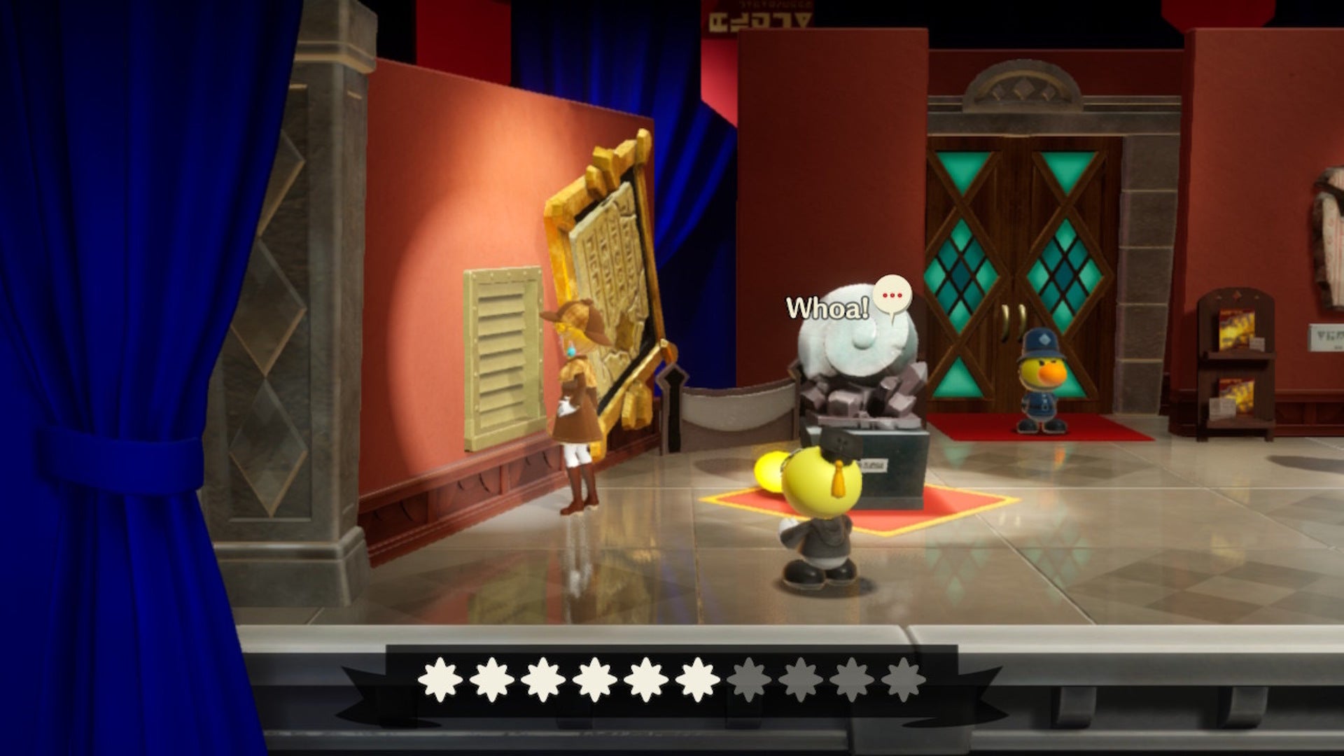 Detective Peach interacts with an exhibit that has been interfered with in Princess Peach: Showtime