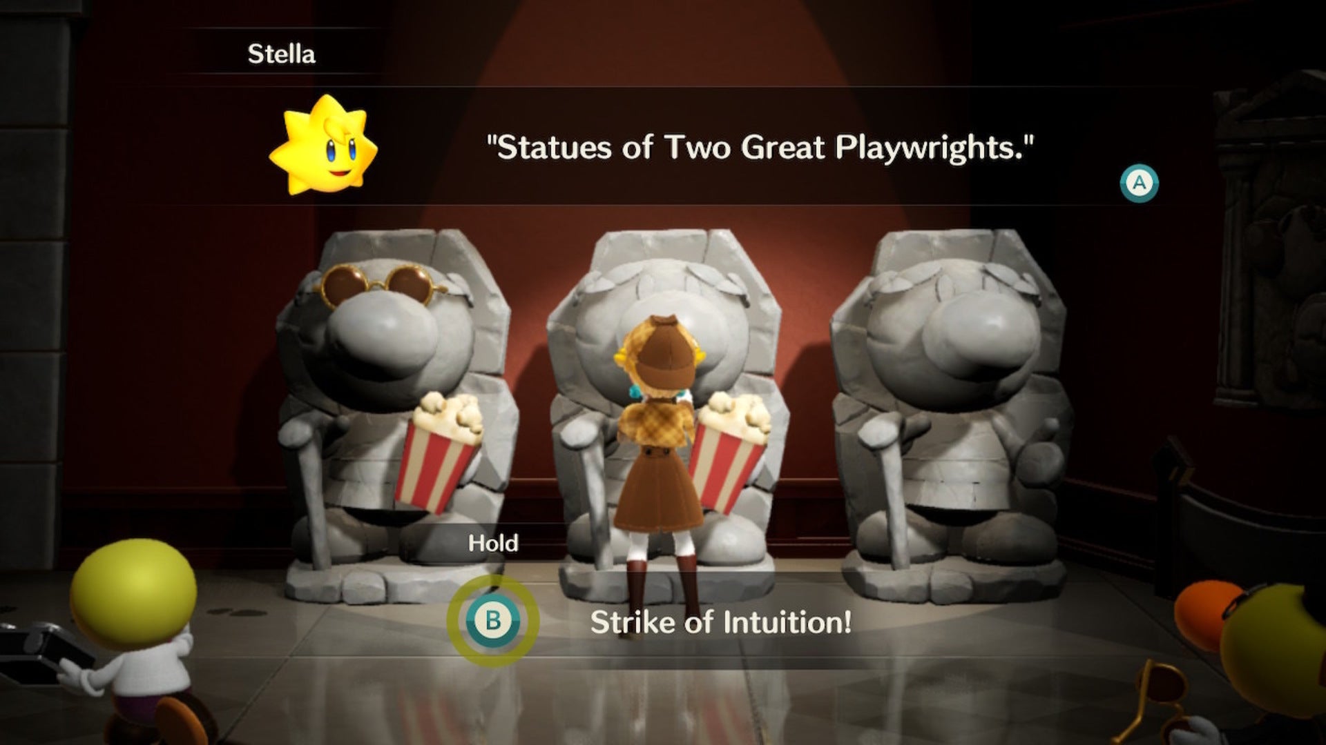 Detective Peach uses her strike of intuition on a statue in Princess Peach: Showtime - 11