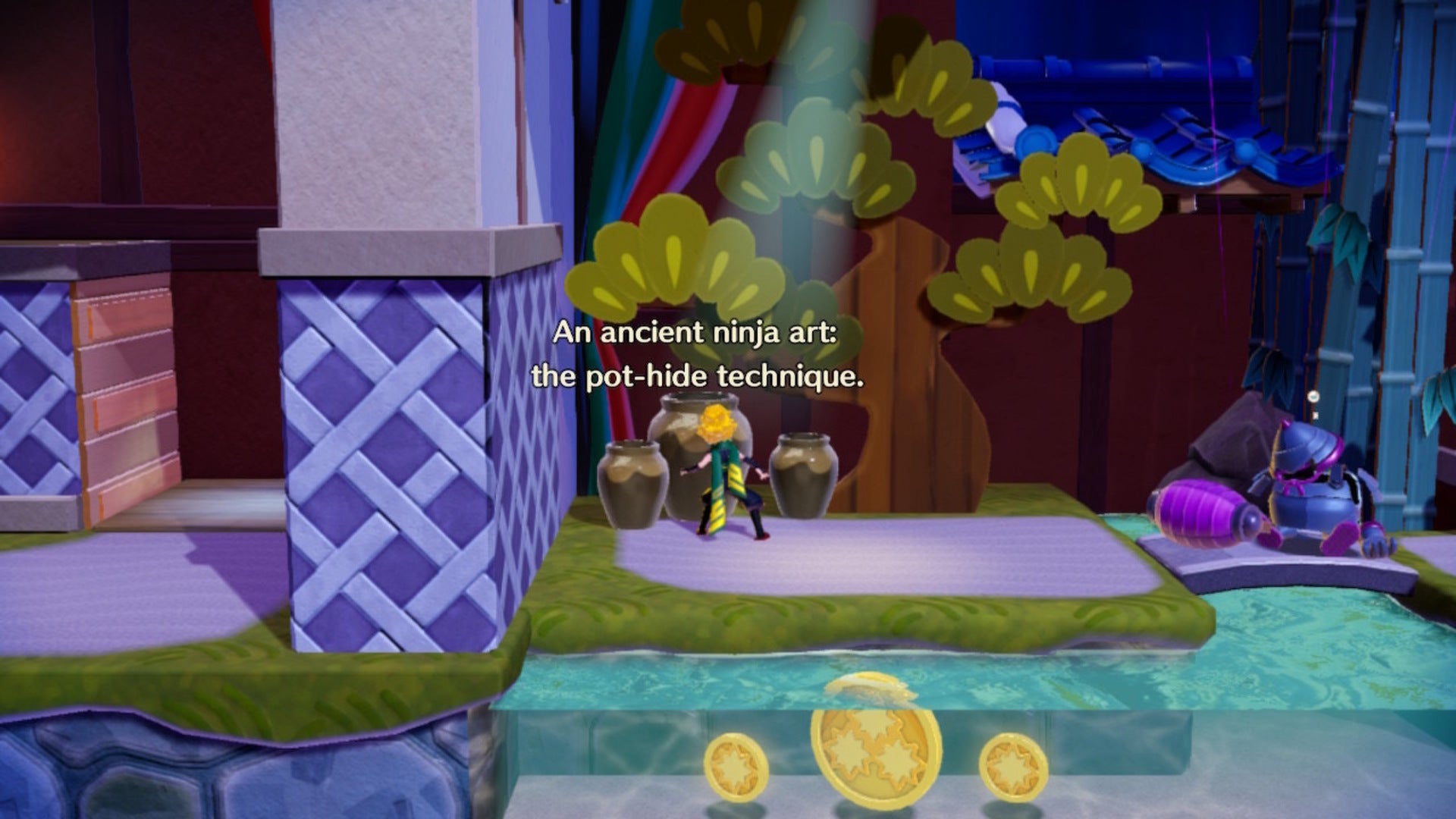 Peach faces some smashable pots where a Pink Bow can be found in Princess Peach: Showtime