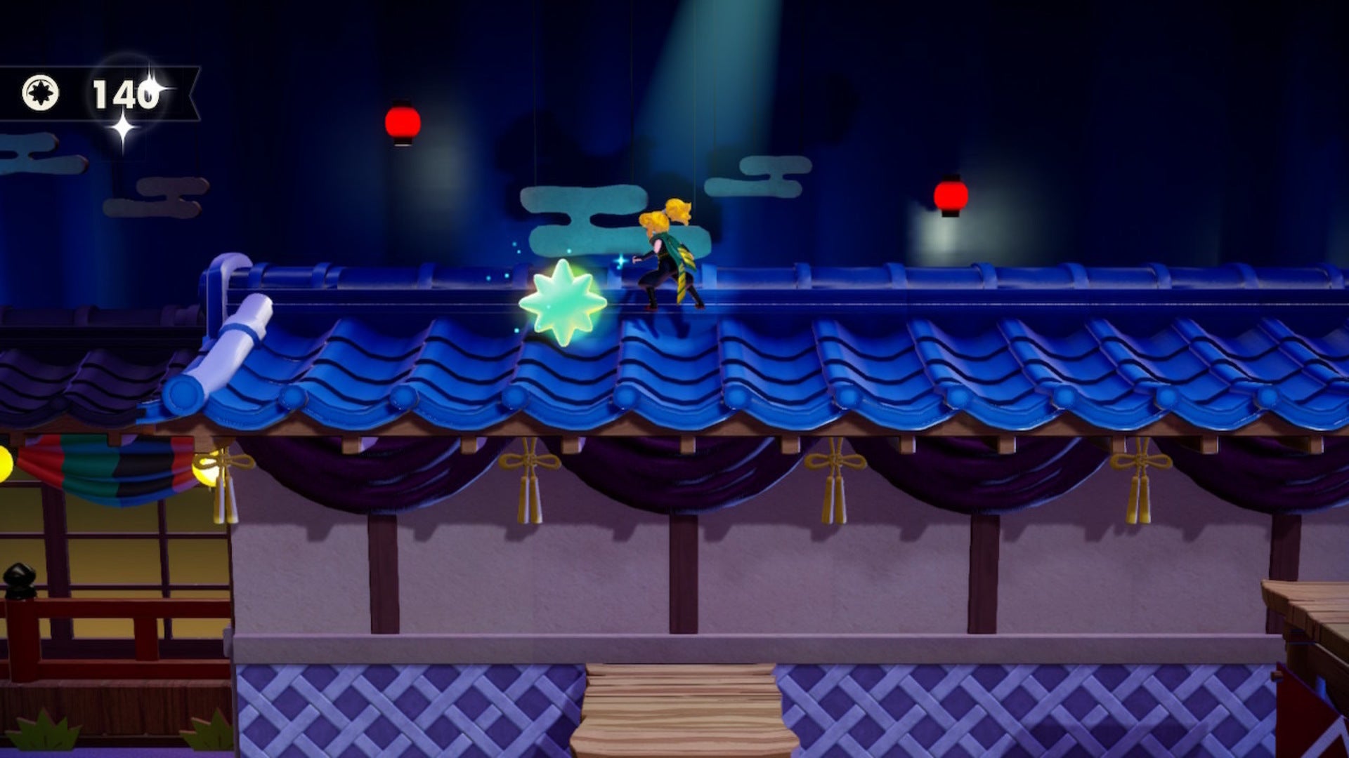 Peach stands next to a Sparkle Gem on the rooftop in Princess Peach: Showtime - 7