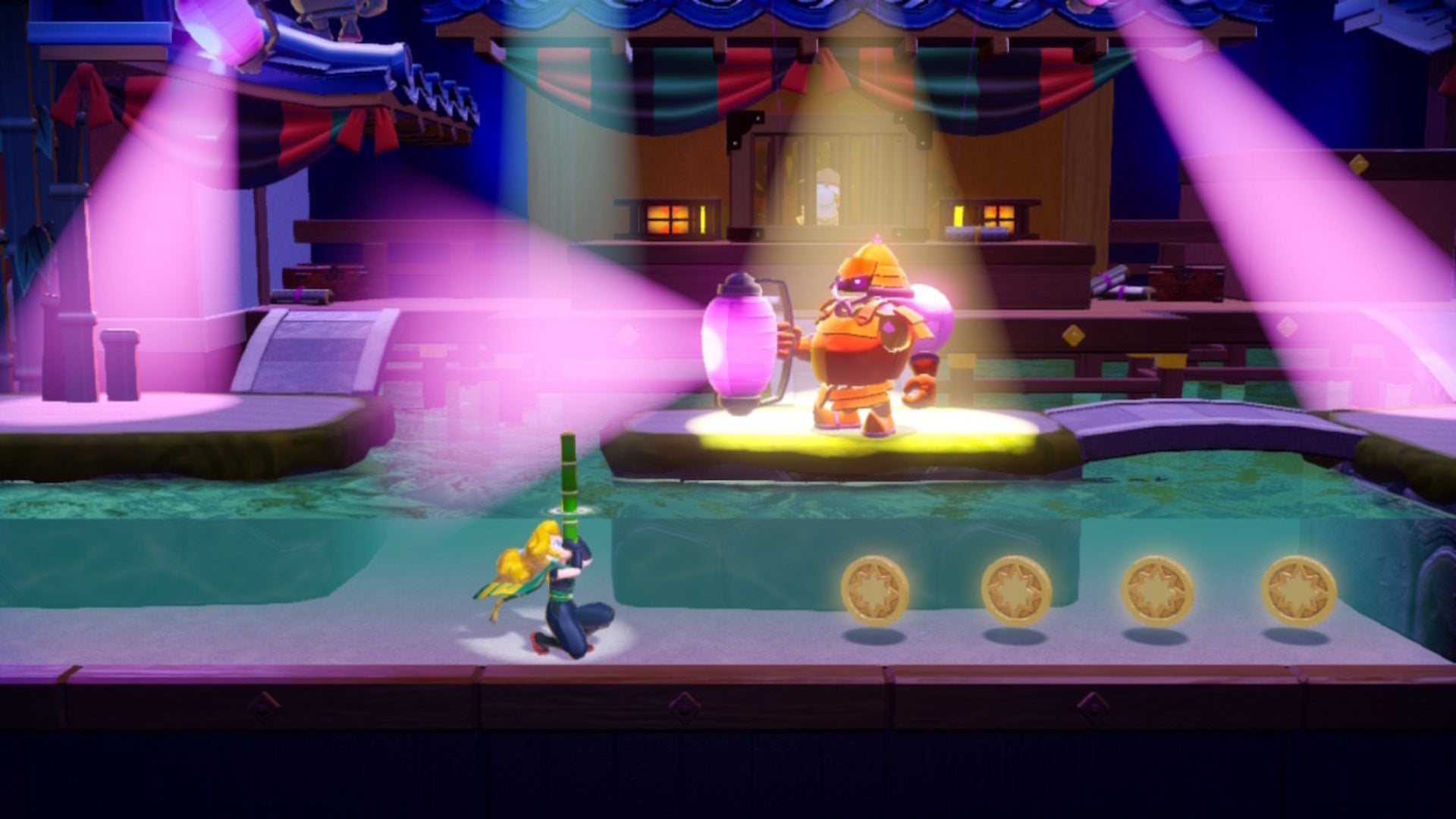 Peach sits underwater waiting for the opportune time to strike a red, armored enemy in Princess Peach: Showtime