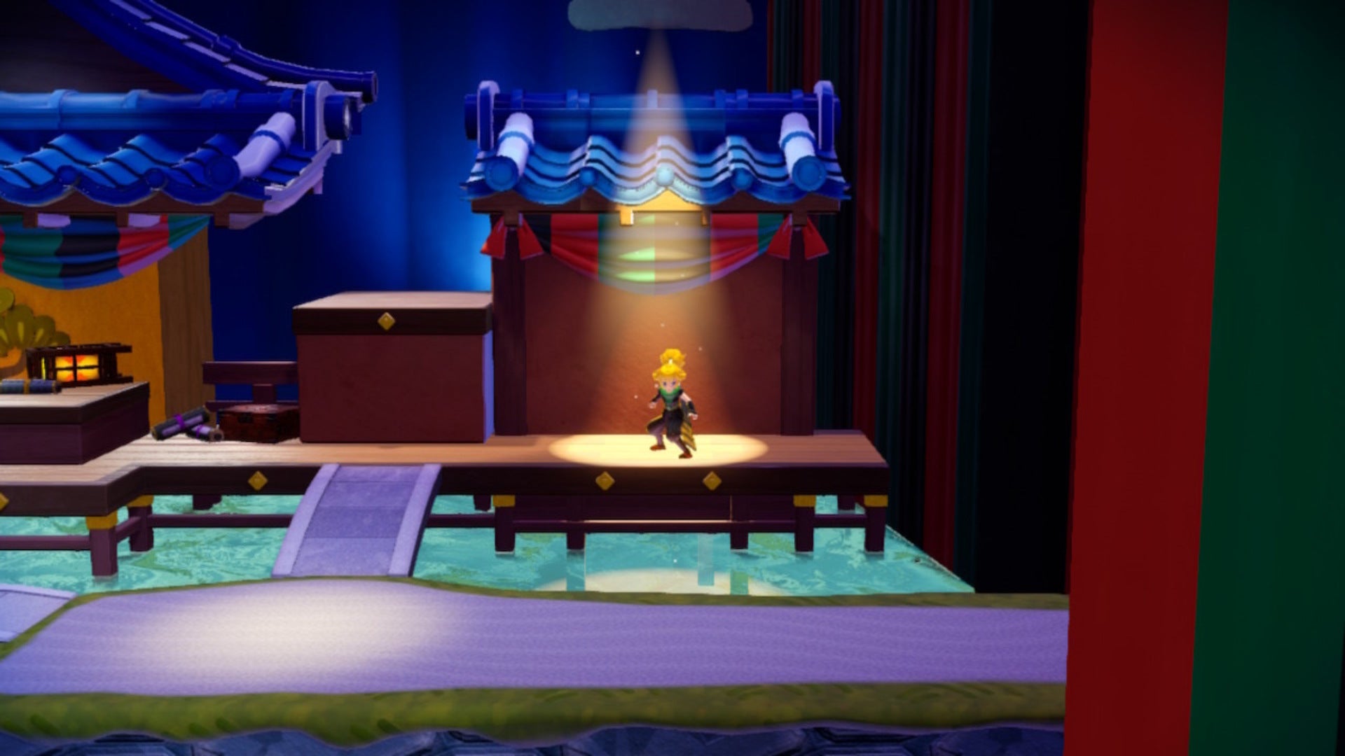 Peach stands on a spotlight in Princess Peach: Showtime