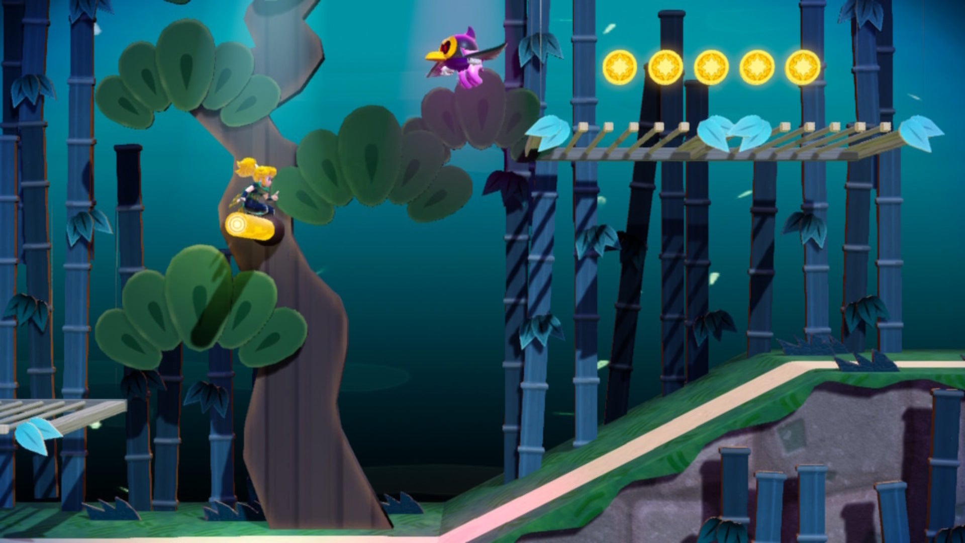 Peach sits on a beam that she can swing from in Princess Peach: Showtime