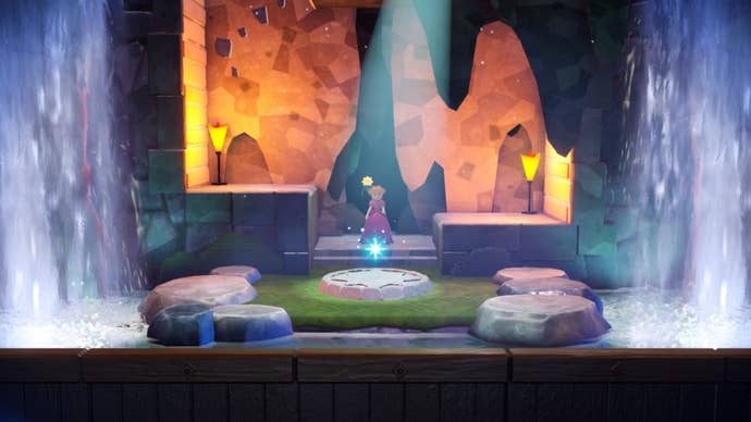 Peach faces the platform where she will acquire the Ninja ability in Princess Peach: Showtime