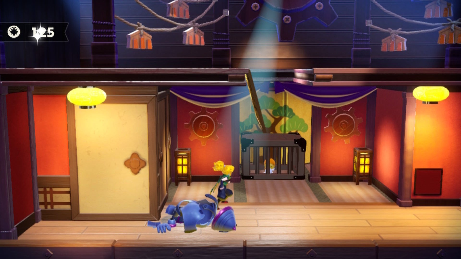 Ninja Peach, after beating up an armored enemy, approaches a Theet trapped in a cage in Princess Peach: Showtime