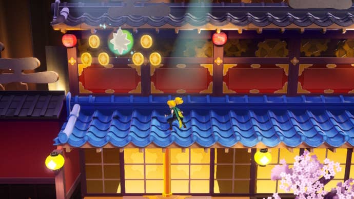 Ninja Peach stands on a rooftop with a Sparkle Gem and some coins to her left in Princess Peach: Showtime