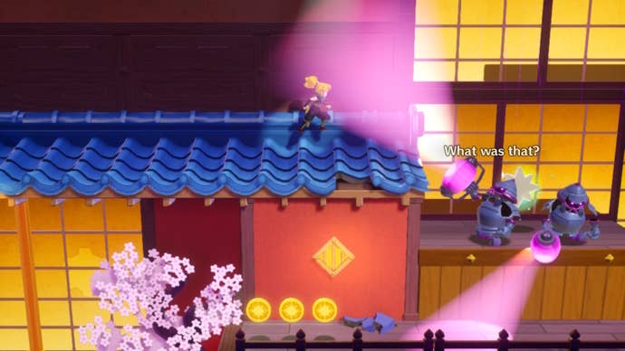 Ninja Peach stands on a rooftop beside two armored enemies that are protecting a Sparkle Gem in Princess Peach: Showtime
