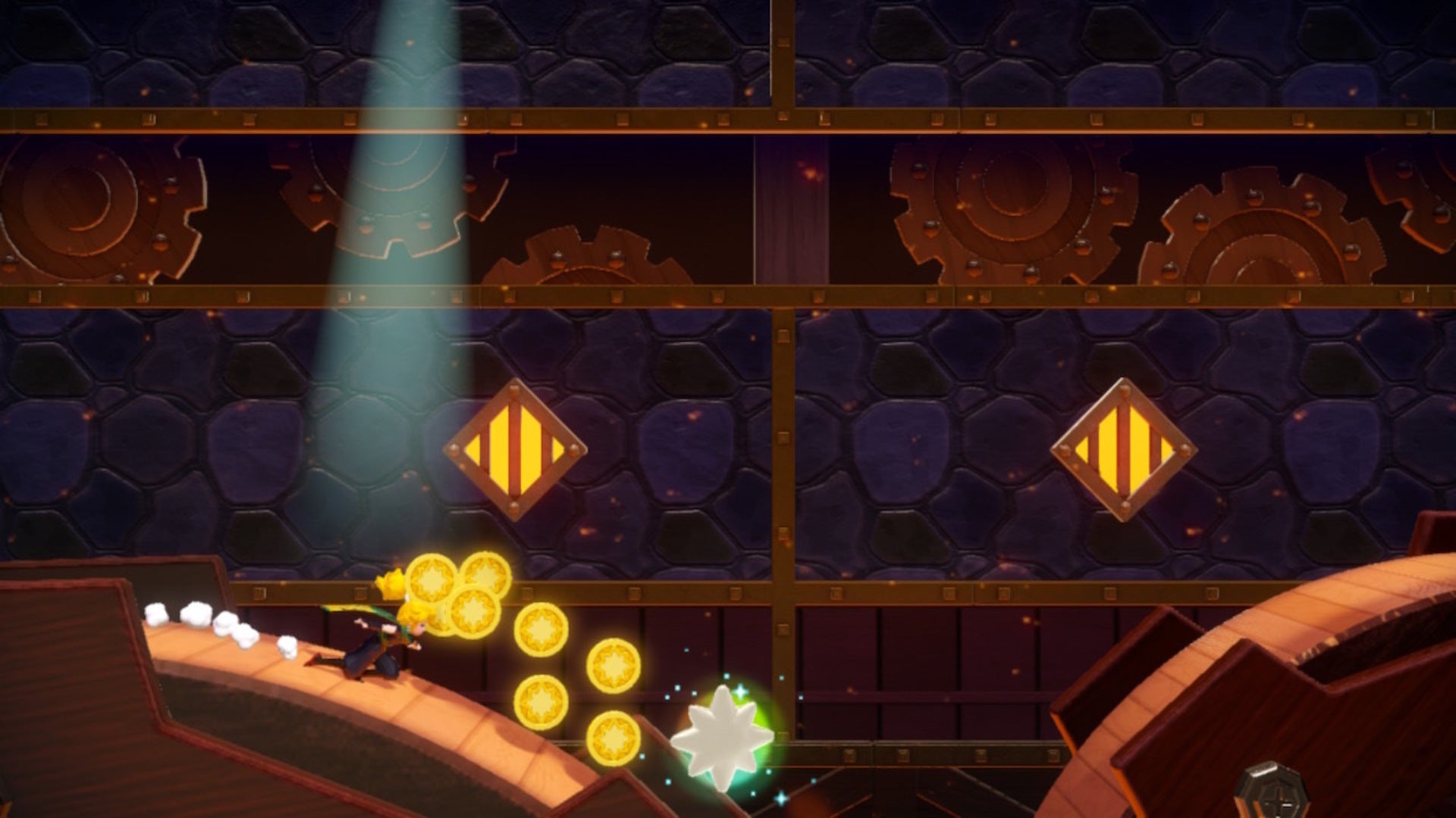 Ninja Peach approaches some coins and a Sparkle Gem on a moving wheel in Princess Peach: Showtime