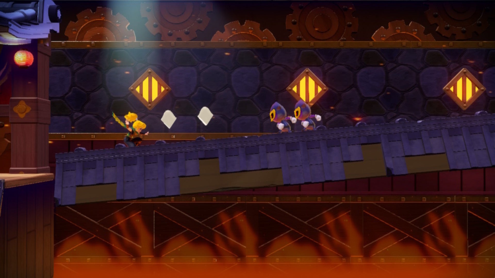 Ninja Peach approachs two Sour Bunch minions and some Sparkle Gem pieces in Princess Peach: Showtime - 9