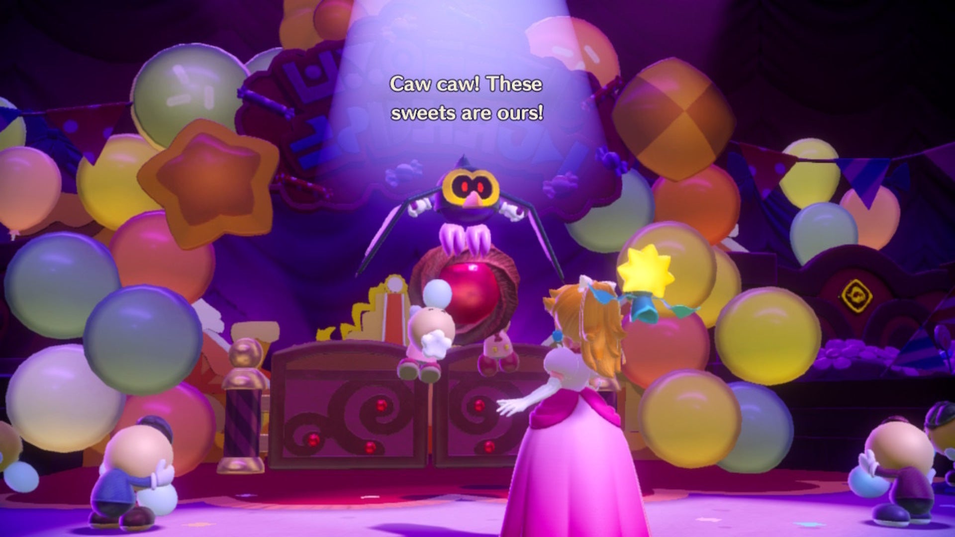 Peach looks at an enemy bird who is stealing sweets in Princess Peach: Showtime - 3