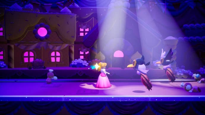 Peach faces two enemy birds who are stealing sweets in Princess Peach: Showtime