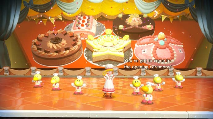 Peach stands in front of five decorated cakes alongside some Theets in Princess Peach: Showtime