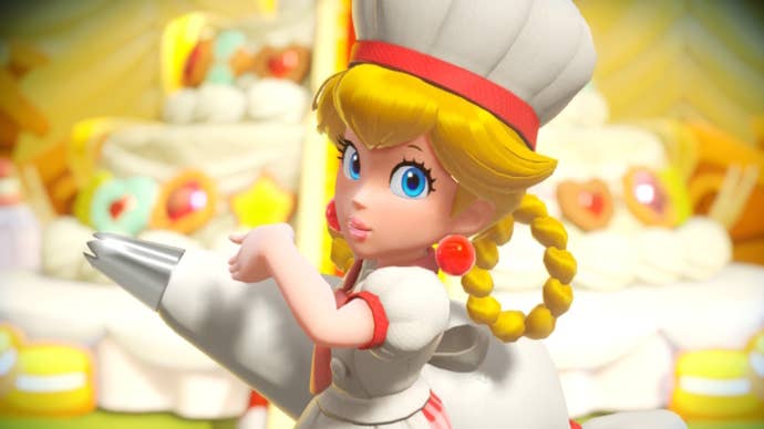 Patisierre Peach is shown in a baker’s outfit in Princess Peach: Showtime