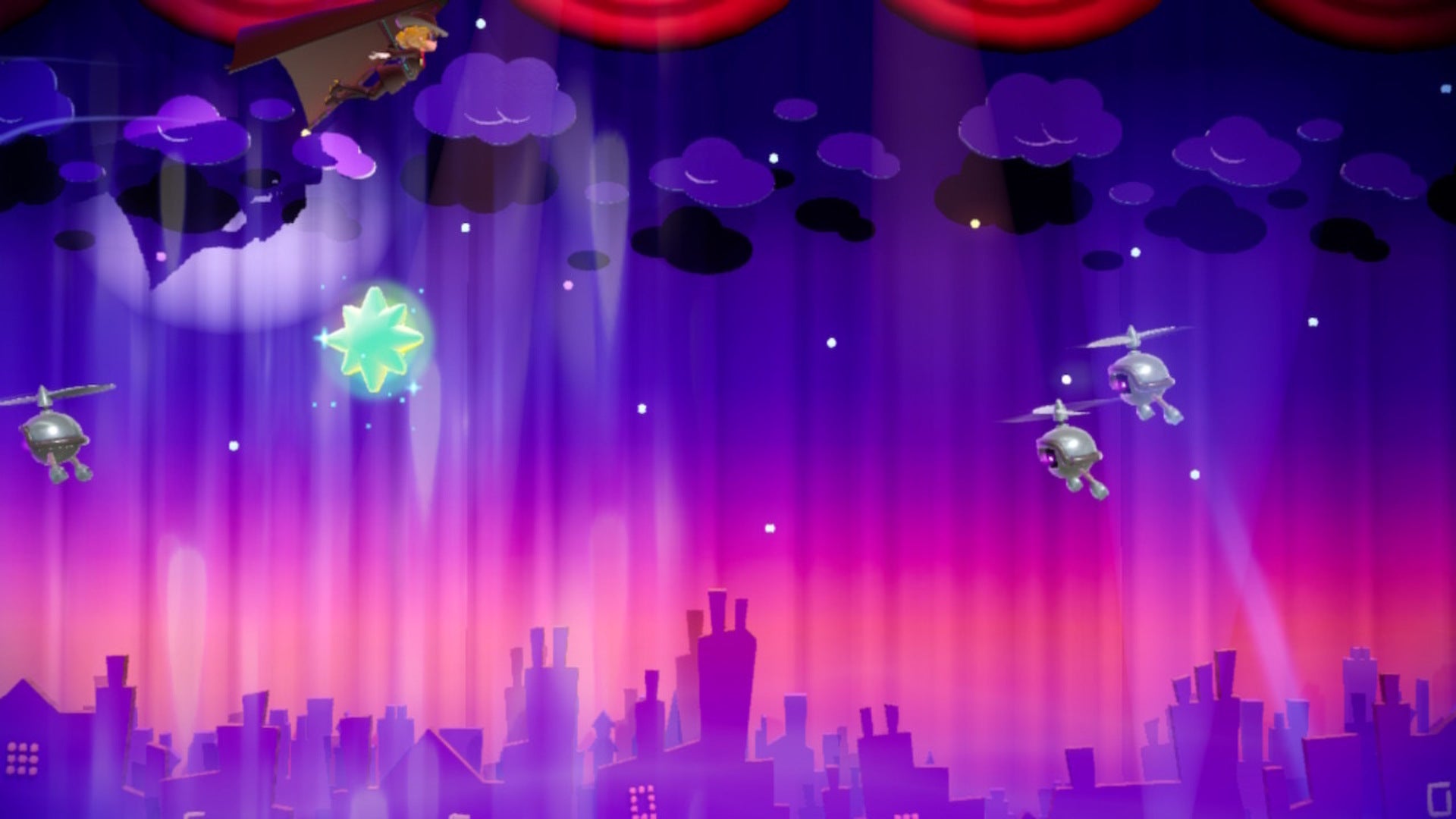 Dashing Thief Peach can be seen soaring through the sky past a Sparkle Gem in Princess Peach: Showtime