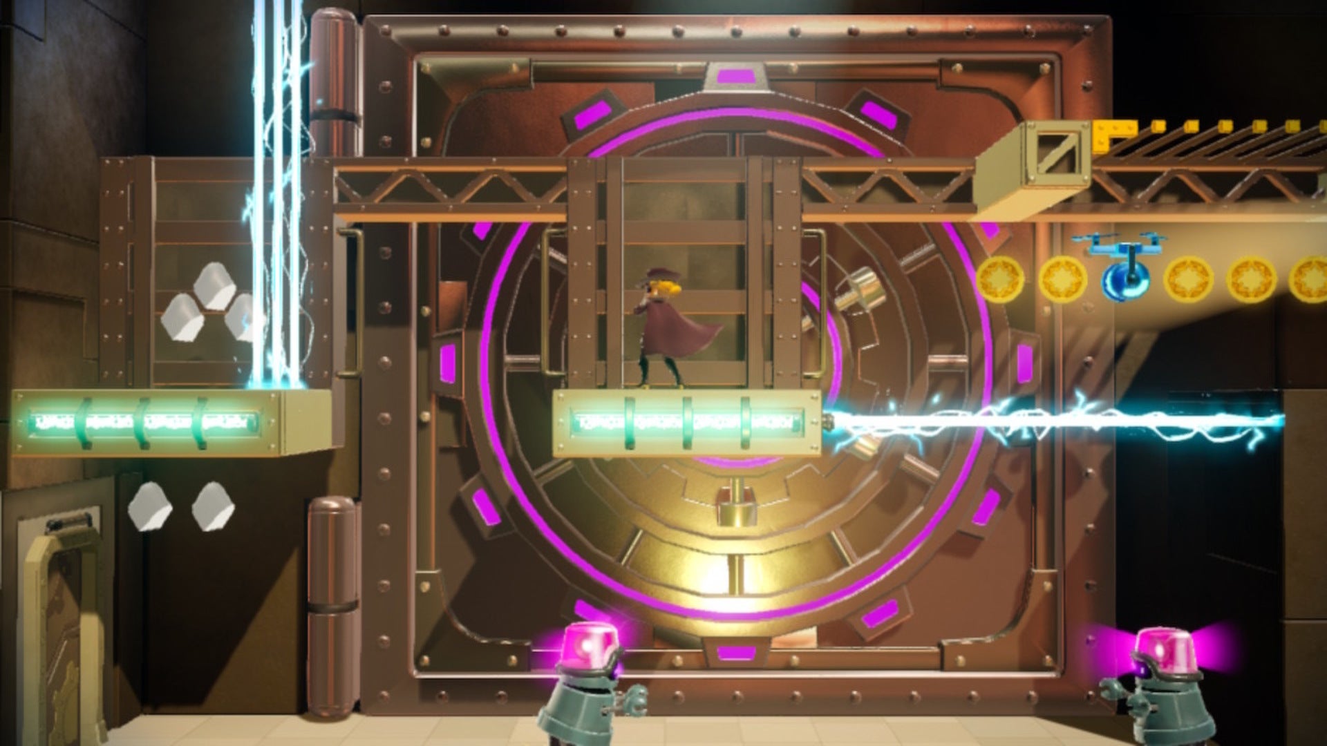 Dashing Thief Peach can be seen atop a platform in a room of electricals, drones and robots in Princess Peach: Showtime - 10