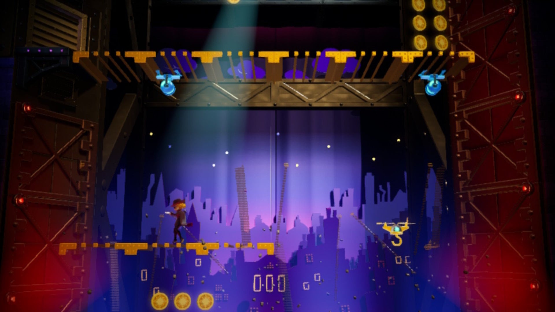 Dashing Thief Peach can be seen using platforms and drones to reach an upper level in Princess Peach: Showtime