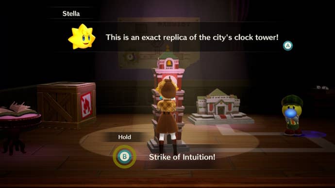 Detective Peach uses Strike of Intuition on a figurine of the clock tower in Princess Peach: Showtime