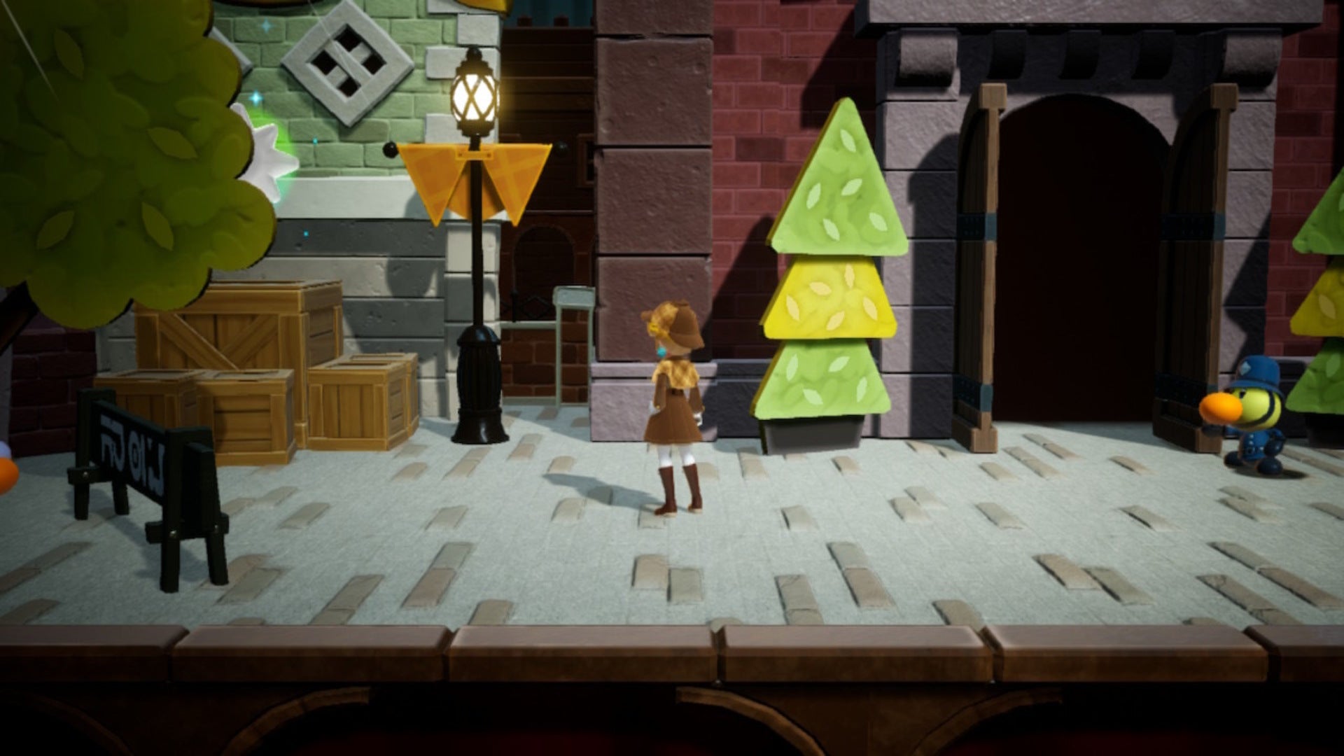 Detective Peach faces some crates that have a Sparkle Gem atop them in Princess Peach: Showtime