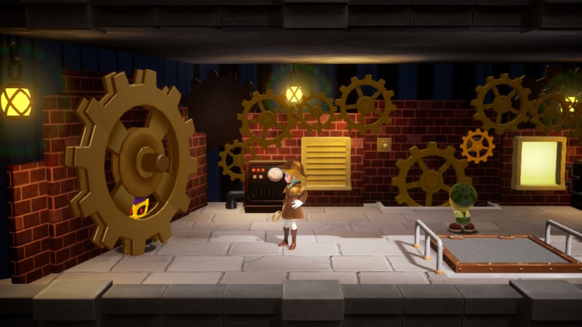 Detective Peach stands next to a minion hiding behind a cog wheel in Princess Peach: Showtime