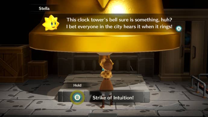 Detective Peach uses Strike of Intuition on the clock tower's bell in Princess Peach: Showtime