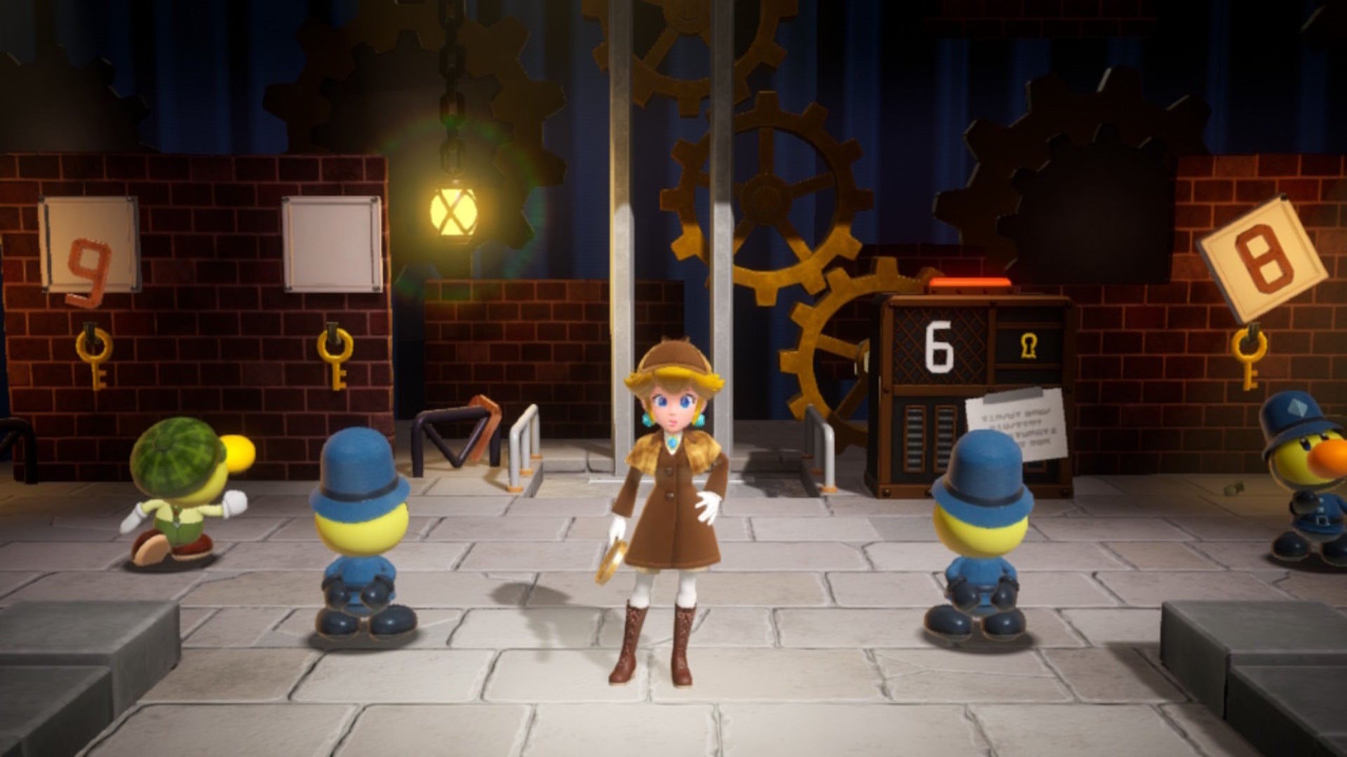 Detective Peach stands at the bottom of the clock tower alongside the junior detective Theet and some police Theets in Princess Peach: Showtime - 1