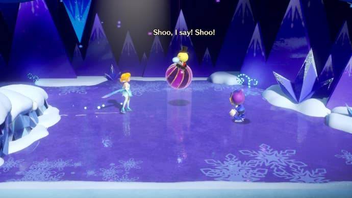 Peach faces a Theet stuck on a bauble, being taunted by a minion in Princess Peach: Showtime
