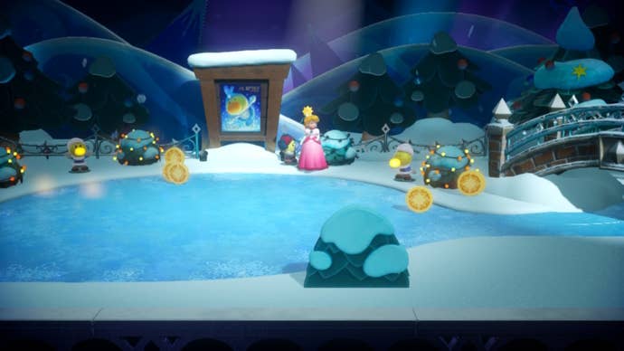 Peach stands in an ice rink with some bushes covered in festive lights thanks to her Sparkle ability in Princess Peach: Showtime