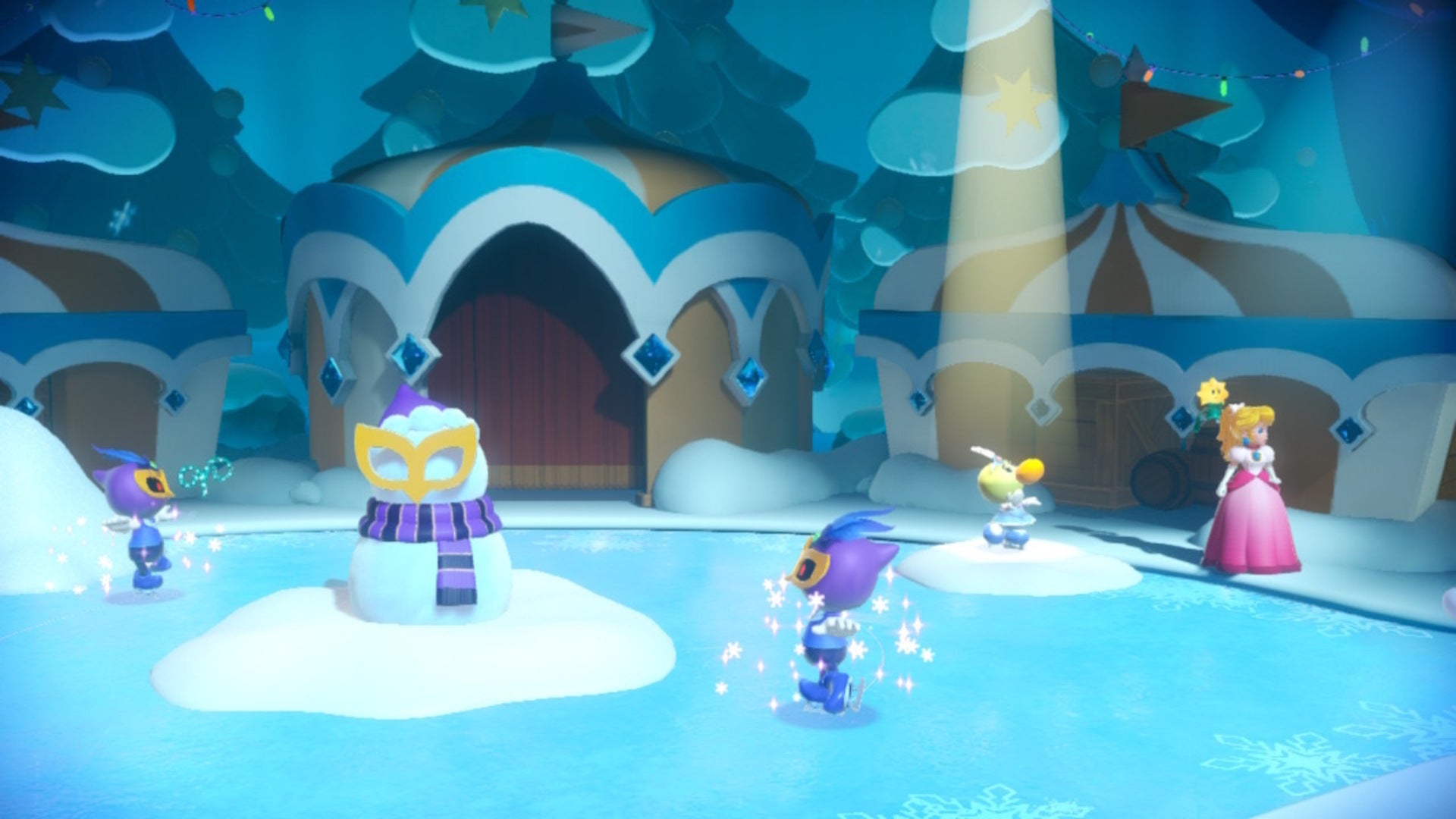 Peach looks at some Theets, minions, and snowmen in Princess Peach: Showtime - 5