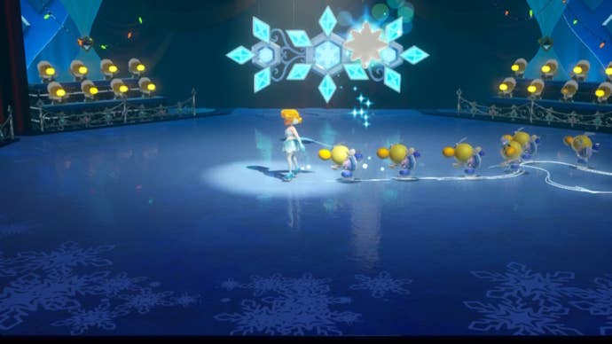 Figure Skater Peach skates around with a group of Theets behind her in Princess Peach: Showtime