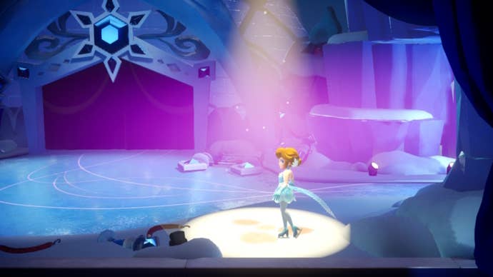 Peach stands atop a spotlight outside of the main ice rink in Princess Peach: Showtime