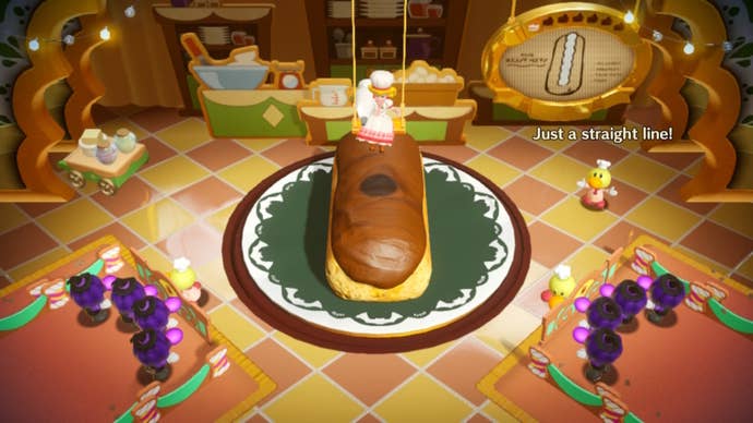 Patissiere Peach sits on a a swing to decorate cakes in Princess Peach: Showtime