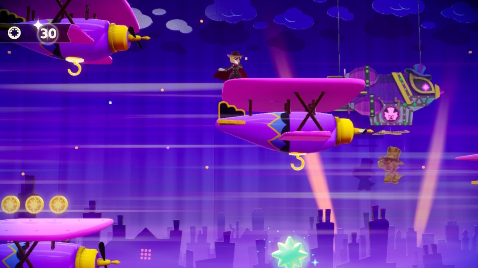 Dashing Thief Peach stands atop a plane with a Sparkle Gem below her in Princess Peach: Showtime - 3
