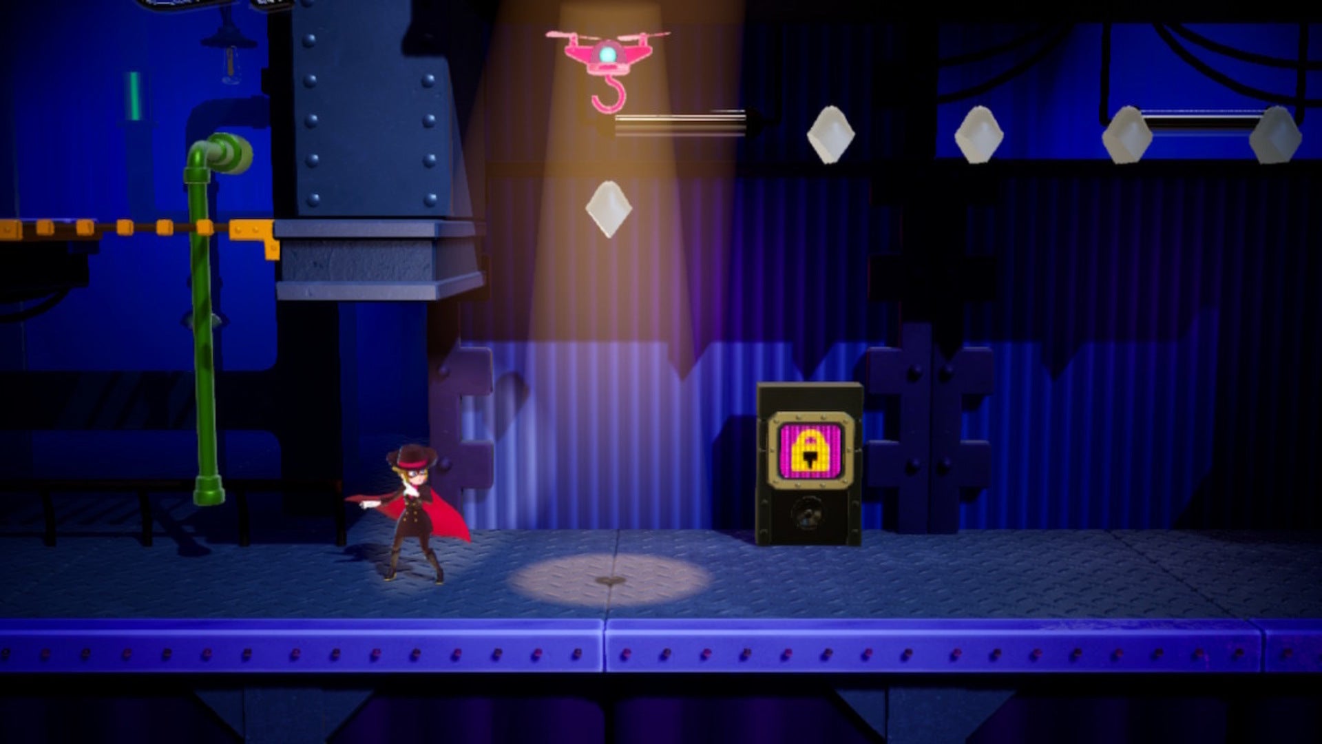 Dashing Thief Peach is shown below a pink drone and multiple Sparkle Gem segments in Princess Peach: Showtime - 5