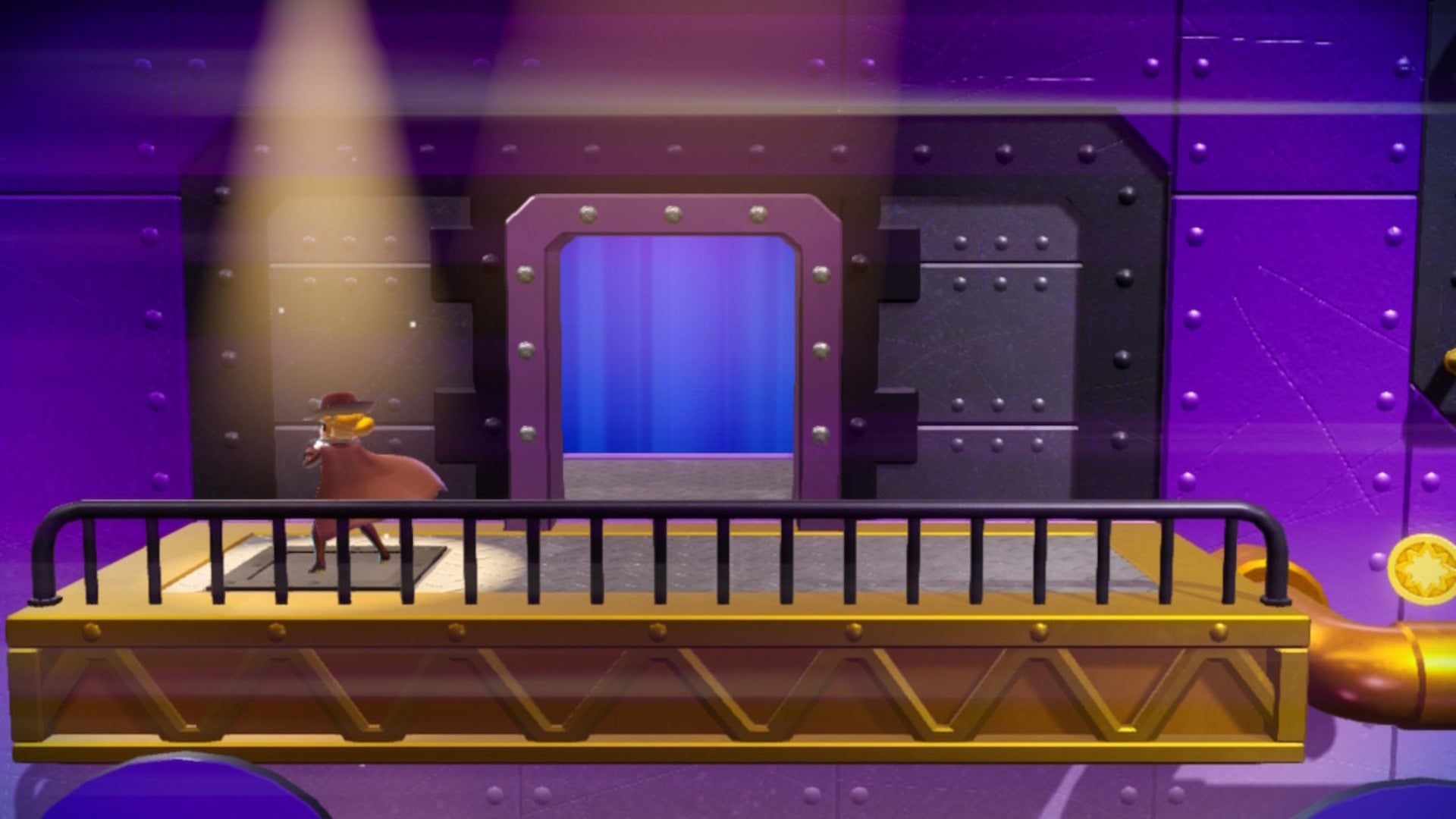 Dashing Thief Peach stands atop a spotlight in Princess Peach: Showtime