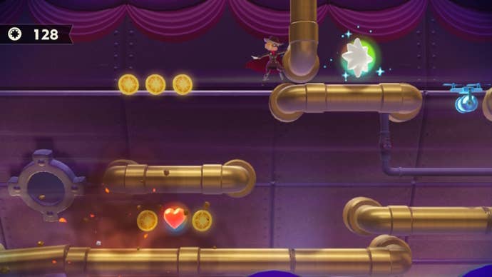 Dashing Thief Peach can be seen running across some golden pipes with a Sparkle Gem nearby in Princess Peach: Showtime